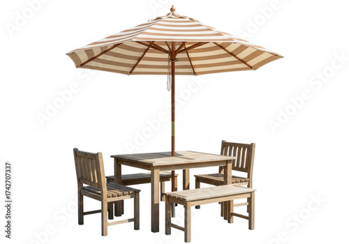 Striped patio umbrella over wooden table and chairs isolated on a transparent background