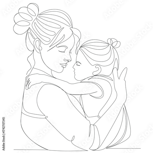 Mother and child embracing in continuous line art style with closed eyes embrace love