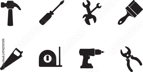 Collection of black silhouette tools on white background