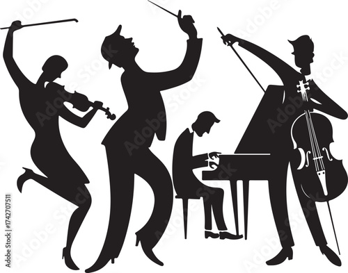 Orchestra musicians playing violin piano and cello