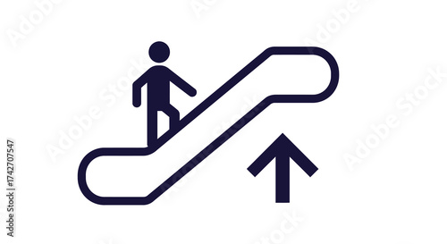 Minimalist icon of person ascending on escalator with arrow