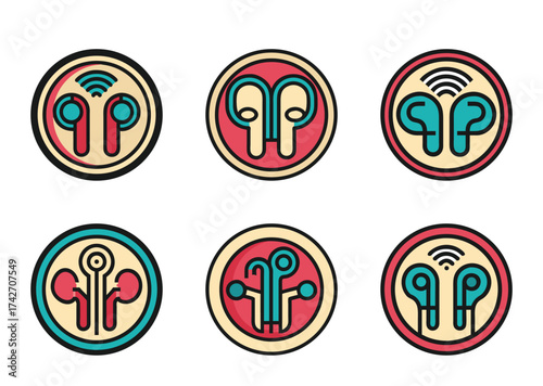 Collection of modern wireless earbuds logo design with circular outlines for branding
