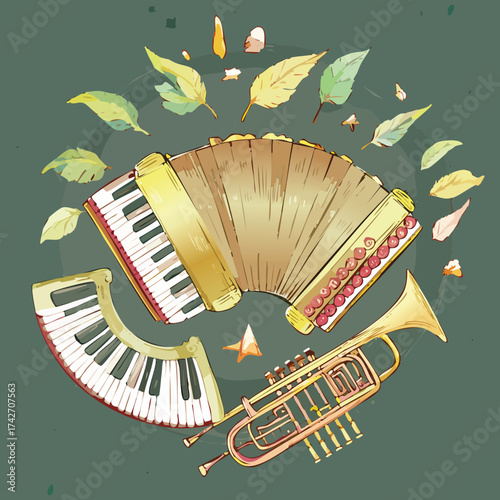 Watercolor illustration of musical instruments, including an accordion, trumpet, and piano keys