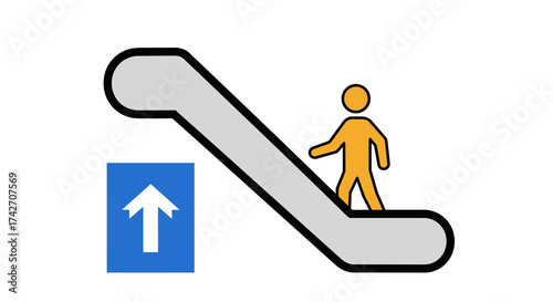 Minimalist design of person on escalator with directional sign