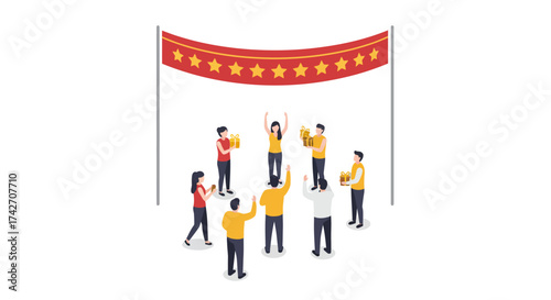Team celebration under red banner with stars in isometric style