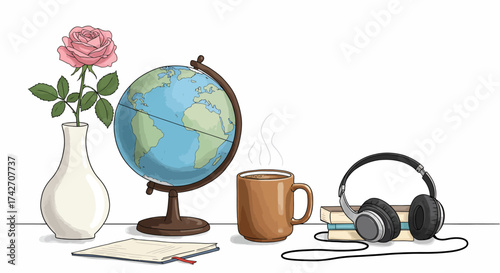 Cozy workspace with globe, coffee, and headphones in calm setting