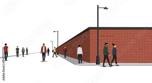 Urban walkway with people near red brick wall
