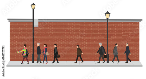 Flat urban scene with people walking past brick wall and streetlights