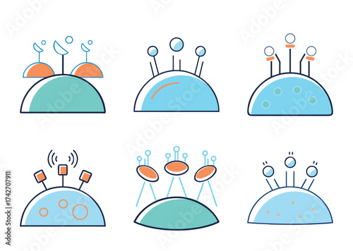 Set of alien structures with domes and antennas against white background