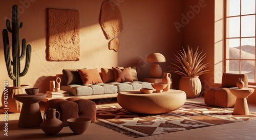 Warm desert-inspired living room with natural light and earthy tones cozy seating arrangement and decorative accents