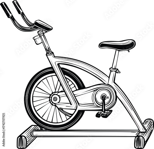 Black and white line art illustration of an exercise bicycle machine for fitness and workout