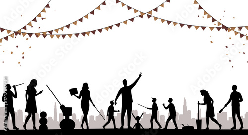 Silhouette family community cleaning celebration with flags and confetti