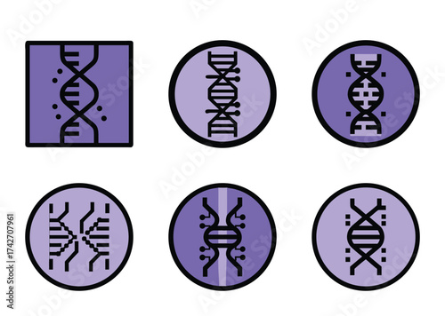 Six icons showing variations of DNA structure, digital coding and technology