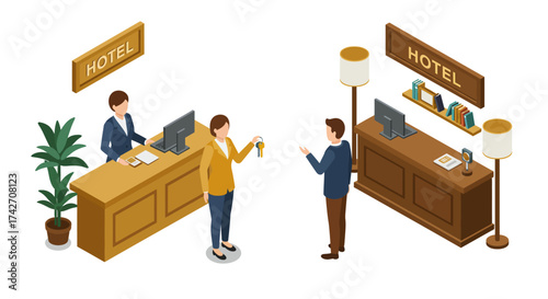 Isometric hotel reception with staff and guests in modern lobby setting