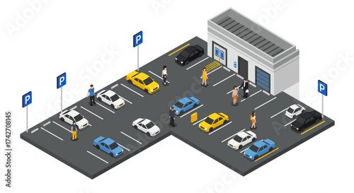 Isometric parking lot scene with people and vehicles in 3d urban setting