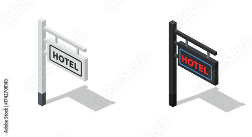 Isometric hotel signs: two modern designs in contrast lighting