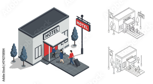 Isometric hotel building with travelers and outline variations