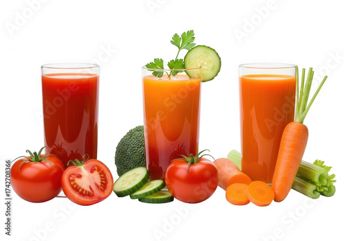 Red orange juices with vegetables isolated on a transparent background