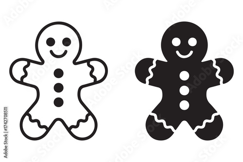 Gingerbread man cookies bakery icons vector set. Gingerbread man sweet dessert icon in line and flat style. Vector Black silhouettes. with white background