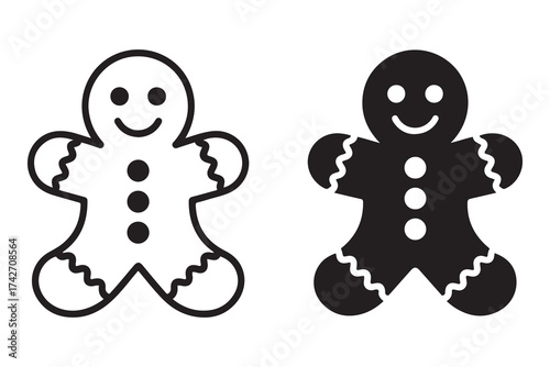 Gingerbread man cookies bakery icons vector set. Gingerbread man sweet dessert icon in line and flat style. Vector Black silhouettes. with white background