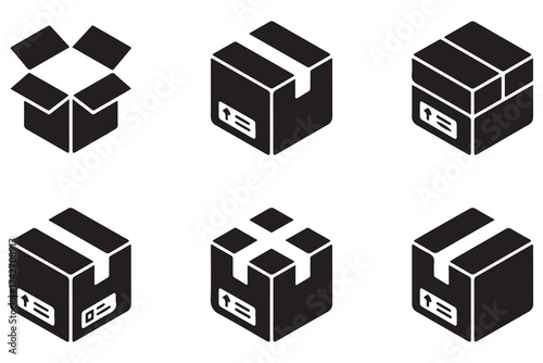 Package box flat icon vector set. Containing open cardboard, fast delivery box, container, parcel protection, storage, good packing. Vector Black silhouettes. with white background