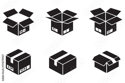 Package box flat icon vector set. Containing open cardboard, fast delivery box, container, parcel protection, storage, good packing. Vector Black silhouettes. with white background
