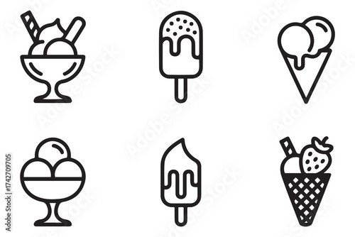 Ice cream icons vector set in line and flat style. Ice cream sundae in a glass, frozen yogurt, vanilla, chocolate, strawberry. Vector Black silhouettes. with white background
