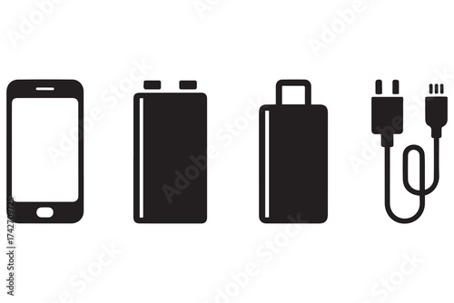 Power bank icon set. Smartphone powerbank charger. Portable charger icon symbol. Vector illustration. Vector Black silhouettes. with white background