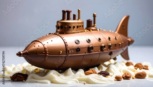 Chocolate Submarine on Whipped Cream with Nuts Dessert Art.