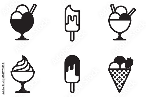 Ice cream icons vector set in line and flat style. Ice cream sundae in a glass, frozen yogurt, vanilla, chocolate, strawberry. Vector Black silhouettes. with white background
