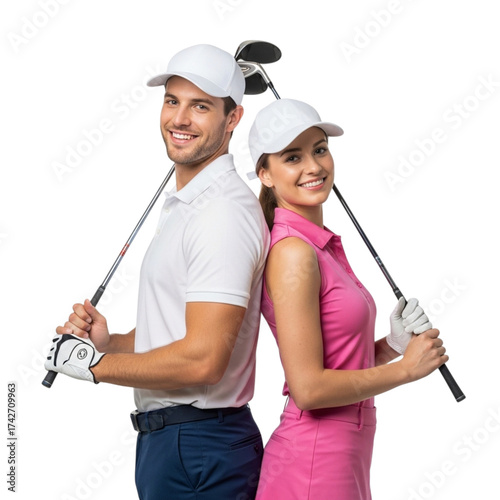 Happy couple golfers standing back to back holding golf clubs isolated on transparent background