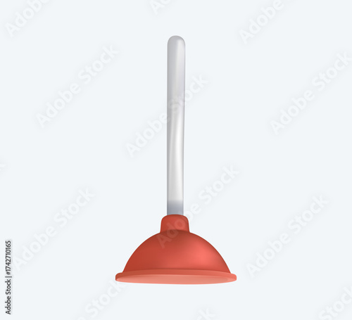 Drain plunger 3D render vector illustration on white background. Household cleaning tool for unclogging sinks, toilets