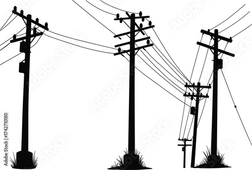 Silhouette of leaning utility poles with power lines, grass base, urban infrastructure, electricity distribution, energy supply, engineering design, electrical network