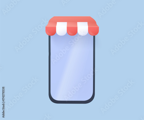 Online store 3D render illustration. Smartphone with awning and sale tag for e-commerce, digital shopping, and online