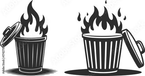 Recycle Bin Fire Illustration Set, Waste Management Symbol, Environmental Awareness Design.