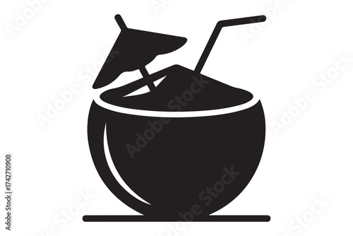 Coconut drink icon vector. Drinking fresh coconut on the beach sign and symbol in line and flat style. Vector Black silhouettes. with white background