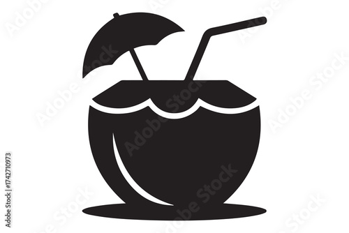 Coconut drink icon vector. Drinking fresh coconut on the beach sign and symbol in line and flat style. Vector Black silhouettes. with white background
