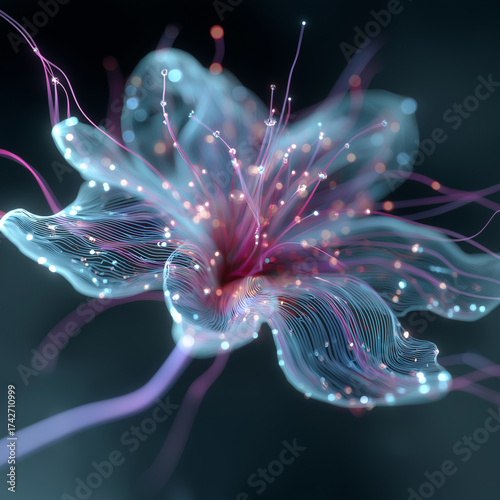 Abstract fractal DNA in a pink underwater ocean garden with a sea anemone blossom