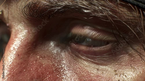 A close-up of a young man's facial fragment moving, showing the clear gaze of a large eye under a natural, thick eyebrow, framed by realistically porous facial skin