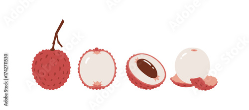 Lychee fruit stages: whole, halved, and peeled in flat design style