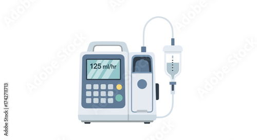 Medical IV Infusion Pump with Digital Display and Drip Bag.