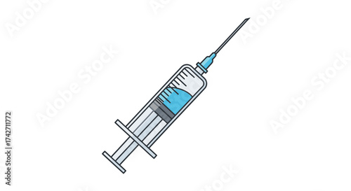Cartoon medical syringe with blue liquid for injection.