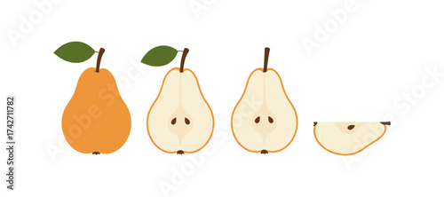 Flat design pear illustrations: whole, halves, and slices