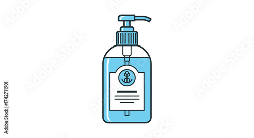 Blue hand sanitizer pump bottle illustration with a simple anchor label.