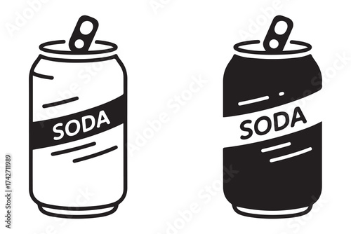 Soda can icon vector in thin line and flat style with editable stroke. Dented soda cans icons set. Vector Black silhouettes. with white background