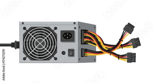 A standard ATX computer power supply unit with a rear cooling fan power switch and a bundle of multi-colored cables with connectors.