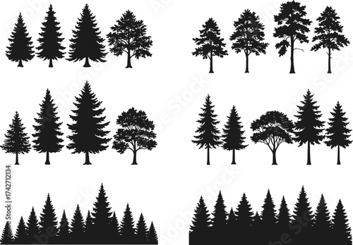 Silhouette tree and mountain collection with conifer and deciduous groupings, forest clusters, terrain elements, environmental illustration, outdoor landscape concept art