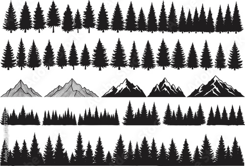 Silhouette tree and mountain collection with pine clusters, forest groupings, mountain ranges, landscape design resources, environmental illustration, natural concept art