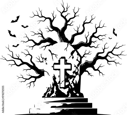 Grave tombstone with cross and bare tree silhouette haunting scene vector