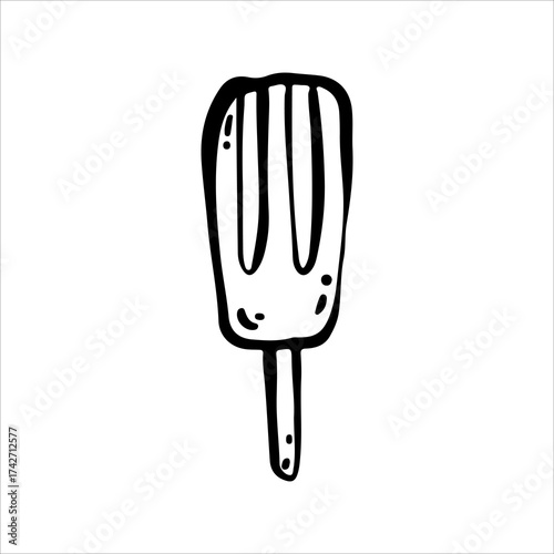 Hand-drawn linear doodle illustration of a popsicle. Minimalist outline style frozen dessert, perfect for summer treats, sweet snacks, ice lolly designs, cafe menu graphics, and black and white food a